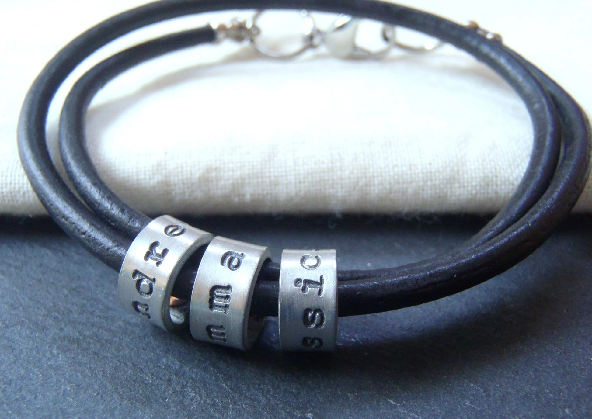 mens leather bracelet personalized with name charms - Drake Designs Jewelry
