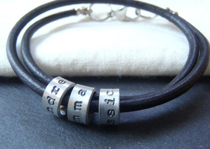 mens leather bracelet personalized with name charms - Drake Designs Jewelry
